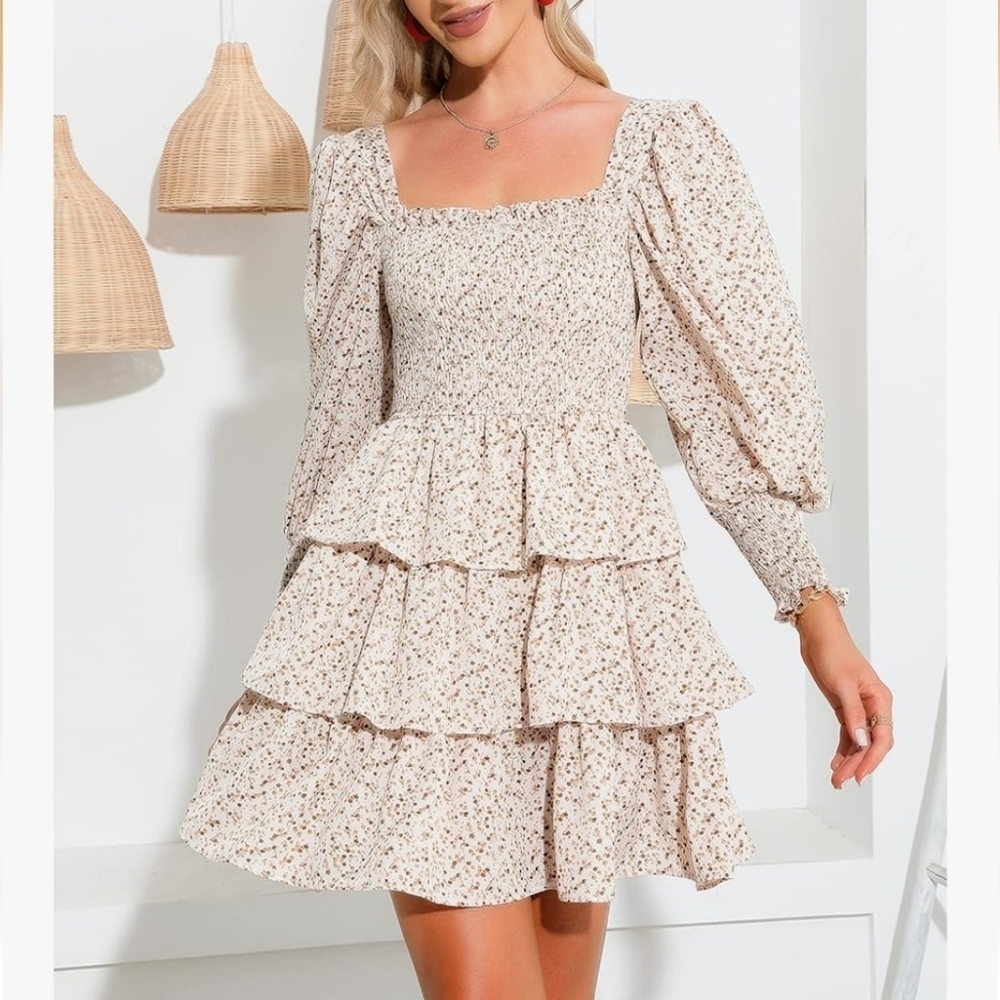 Byinns Women's Square Neck Ruffle Dress Long Sleeve Floral Print Tiered NWT XS
